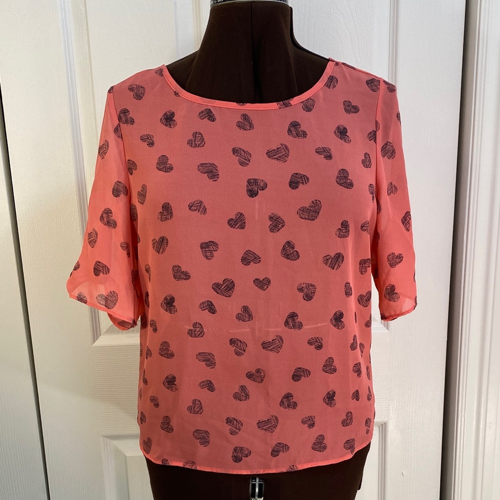 2 for $25 - Smart Set (Reitmans) Heart Patterned Coral Blouse, S to M